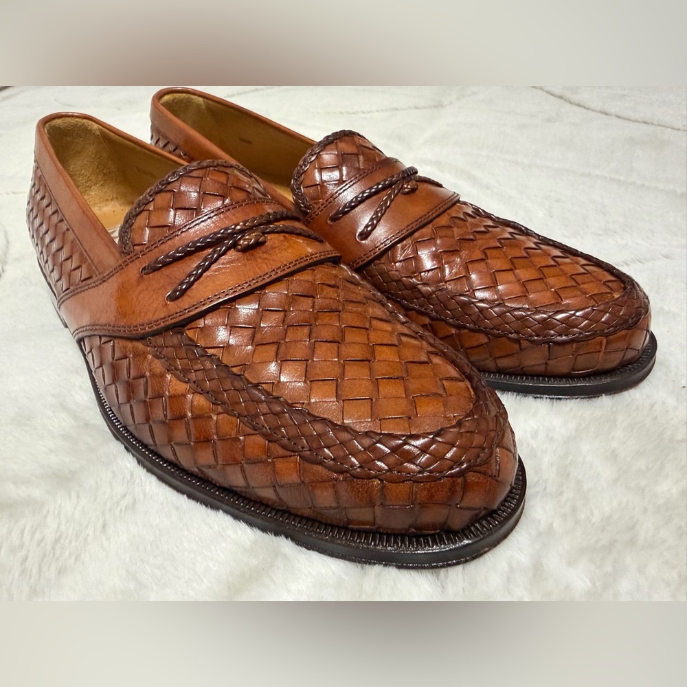 Like NEW! $295 Massimo Emporio Brown Woven Leather Penny Loafers 10